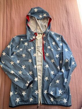 Eddie Bauer Blue Star-Print Hooded Raincoat with Red Drawstrings